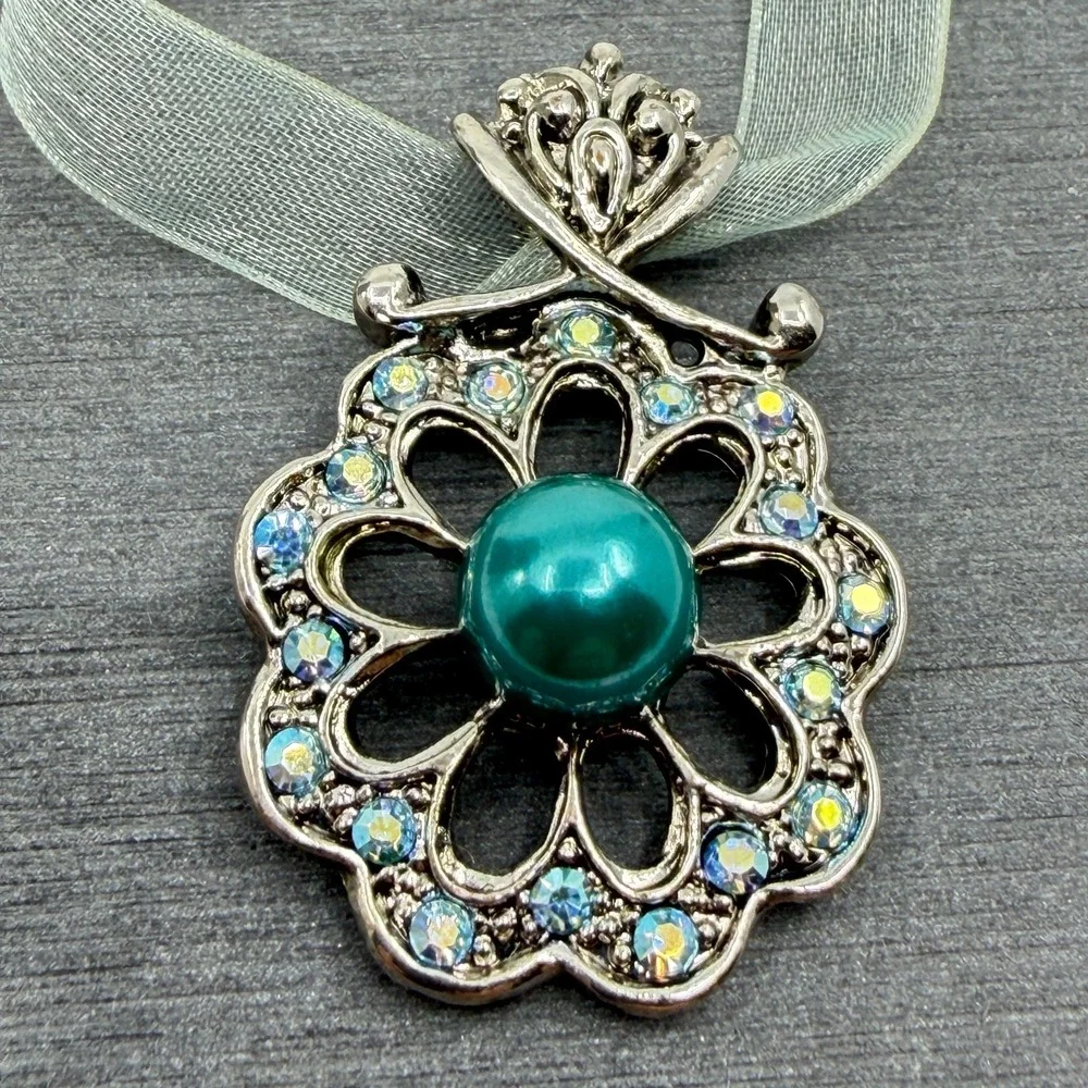 Necklace Teal Faux Pearl AB Rhinestone Silver Tone Flower Organza Ribbon Boho